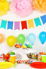 Prepared birthday table with sweets for children party