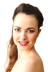 Obraz premium Portrait of beautiful woman with fancy glitter makeup isolated