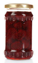 Jar of strawberry jam isolated on white