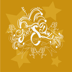 Fool's day text over blur background with two jokers  over yello