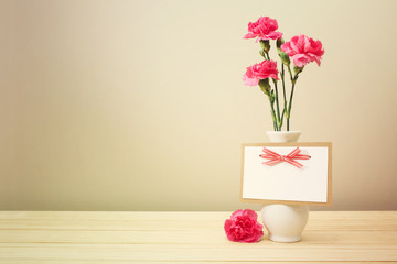 Pink Carnations on White Vase with Blank Greeting Card