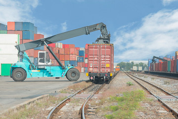 Fototapeta na wymiar forklift handling container box loading to freight train