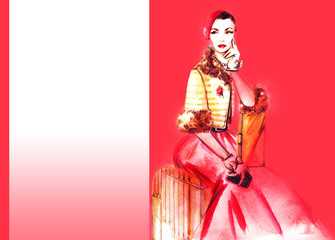 Hand drawn traveling woman with luggage