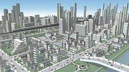 市街地の鳥瞰図の3D-CG