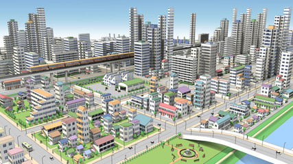 市街地の鳥瞰図の3D-CG