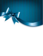 Holiday blue background with red gift glossy bow and ribbons. Ve