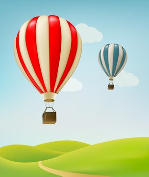 Retro background with colorful air balloons and green land. Vect