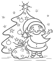 Cartoon Santa with presents and Christmas tree