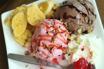 Ice cream mix chocolate strawberry  and banana ,cherry fruit