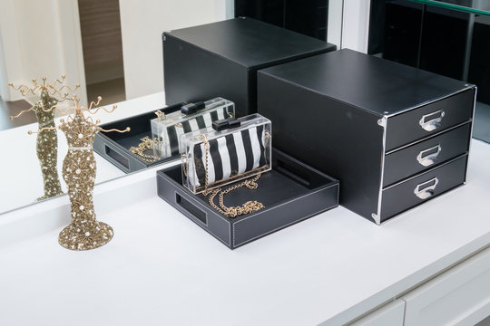 Handbag ,jewelry And Makeup Box On A Dressing Table