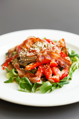 warm salad with noodle and bacon