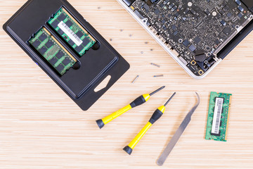 Technician support upgrade part and fixing laptop.
