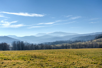Spring countryside with meadow, trees and mountains