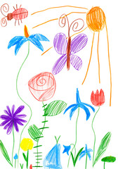 Obraz premium spring landscape with butterfly and flowers. child drawing.