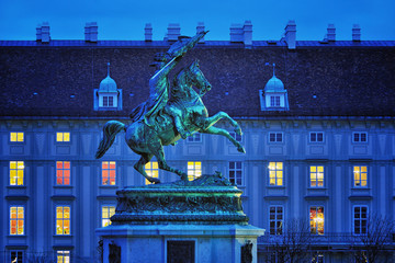 Statue of Archduke Charles in Vienna, Austria at Night