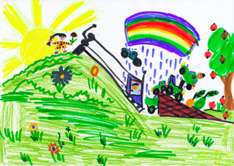 child jumping in car over hill . child drawing