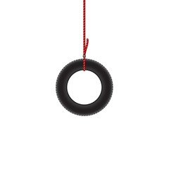 Car tire hanging on red rope