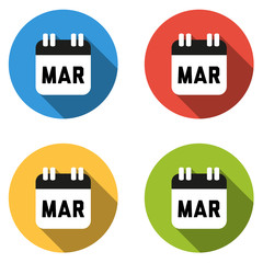 Collection of 4 isolated flat colorful buttons for March (calend