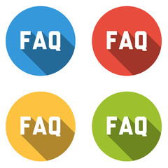 Collection of 4 isolated flat colorful buttons (icons) with FAQ
