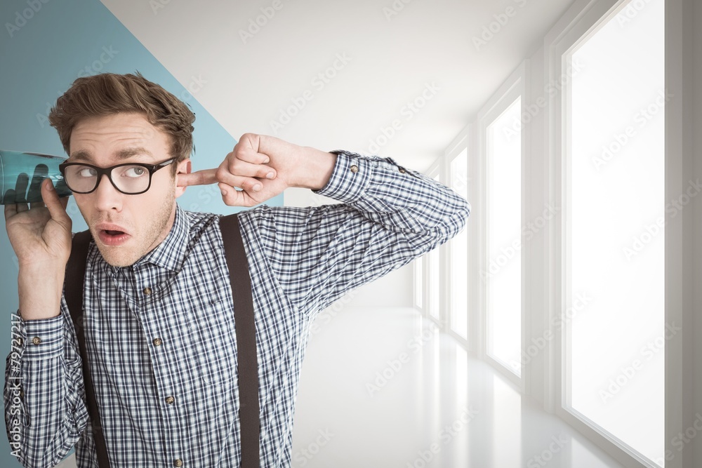 Poster composite image of geeky businessman eavesdropping with cup