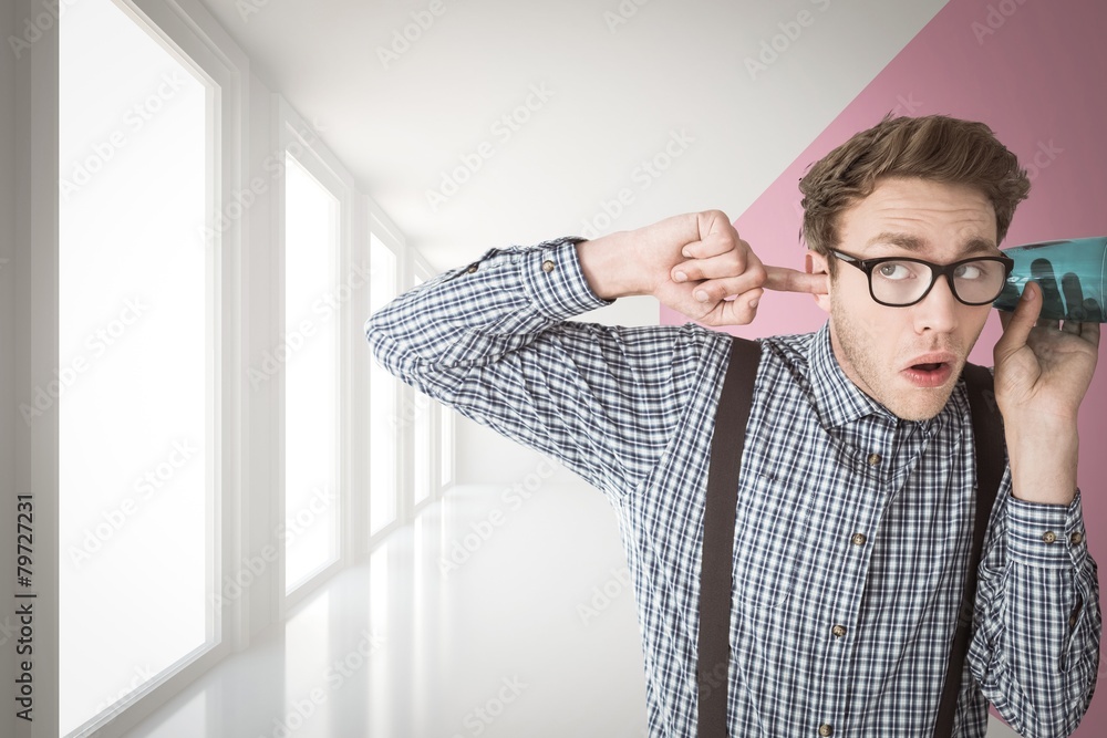 Poster composite image of geeky businessman eavesdropping with cup