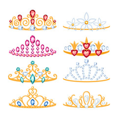 Set of beautyful golden tiaras with gemstones. © rea_molko