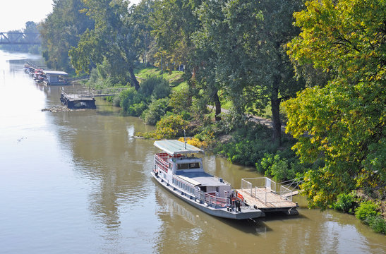 Tourist boat on the river Tisza, near Tokaj city, Hungary