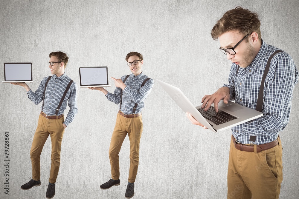 Poster Composite image of nerd with laptop