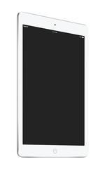 Turned white tablet pc with blank screen mockup