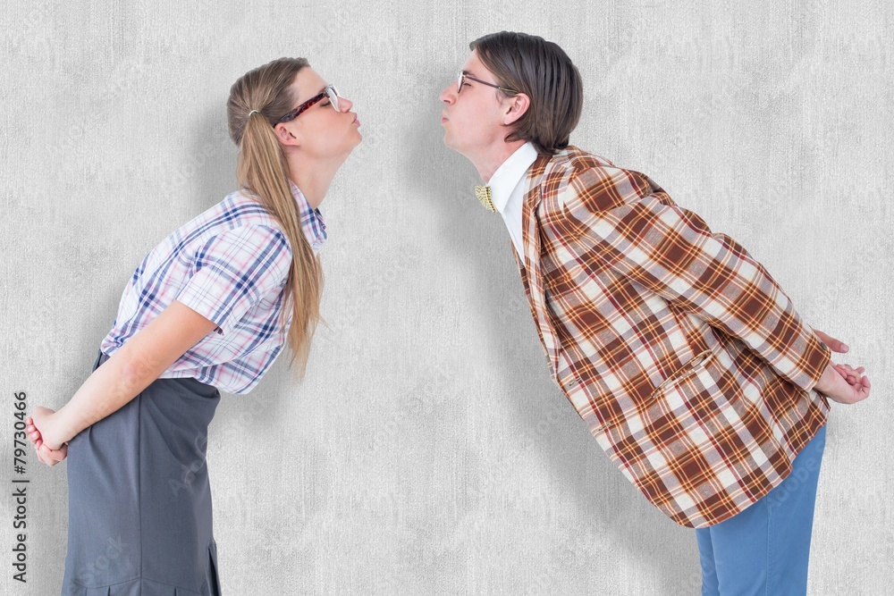Poster composite image of geeky hipster couple kissing