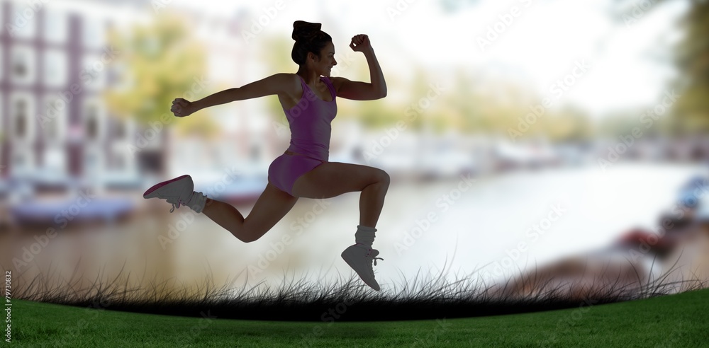 Poster Composite image of fit brunette running and jumping