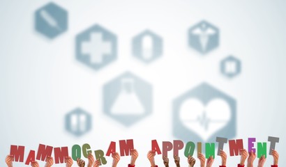 Composite image of hands holding up mammogram appointment