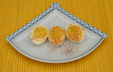 Deviled eggs displayed on plate