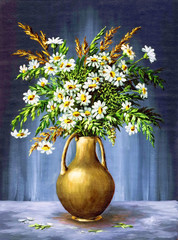 Bouquet Of Camomiles in a Clay Vase