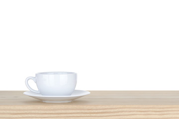 white cup of coffee on pine Wooden Table