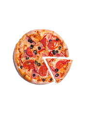 Top view of delicious pizza with ham, tomatoes, and olives