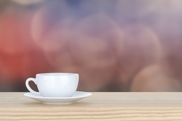 white cup of coffee on pine Wooden Table and bokeh,defocused lig