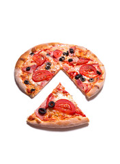 Tasty pizza with ham, tomatoes, and olives