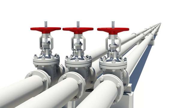 Three white pipes with valves