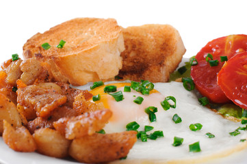 Breakfast. Snack. Eggs, chicken and tomatoes.