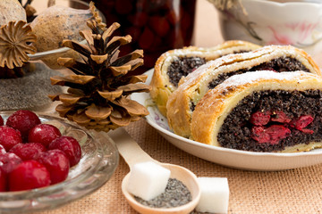 Poppy seed strudel with cherry
