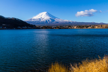 sacred mountain of Fuji on  top covered with snow with Reflectio