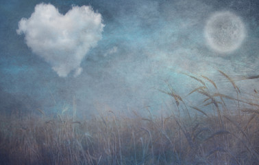Heart cloud and moon over field grunge textured