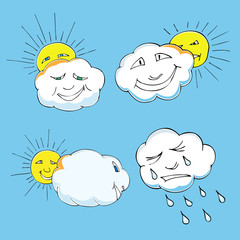 Cute doodle of sky elements: sun, clouds. Vector illustration