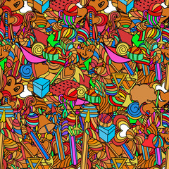 Naklejka premium Cute doodle seamless pattern. Love and sweets.