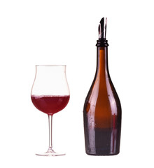 Red wine in bottle with dispenser glass, isolated on white