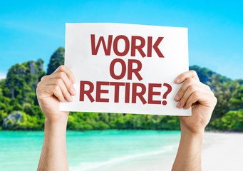 Work or Retire? card with beach background