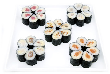 Japanese sushi fish and seafood on white background