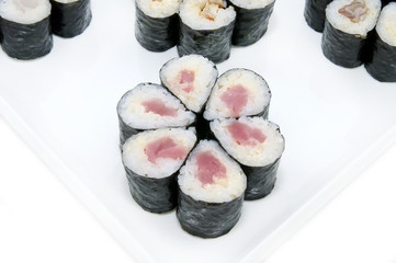 Japanese sushi fish and seafood on white background