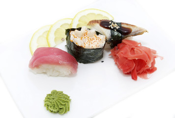 Japanese sushi fish and seafood on white background